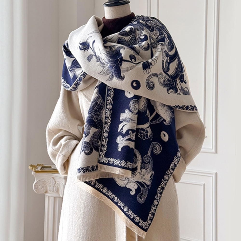 Indigo Floral Raw Hem Winter Scarf